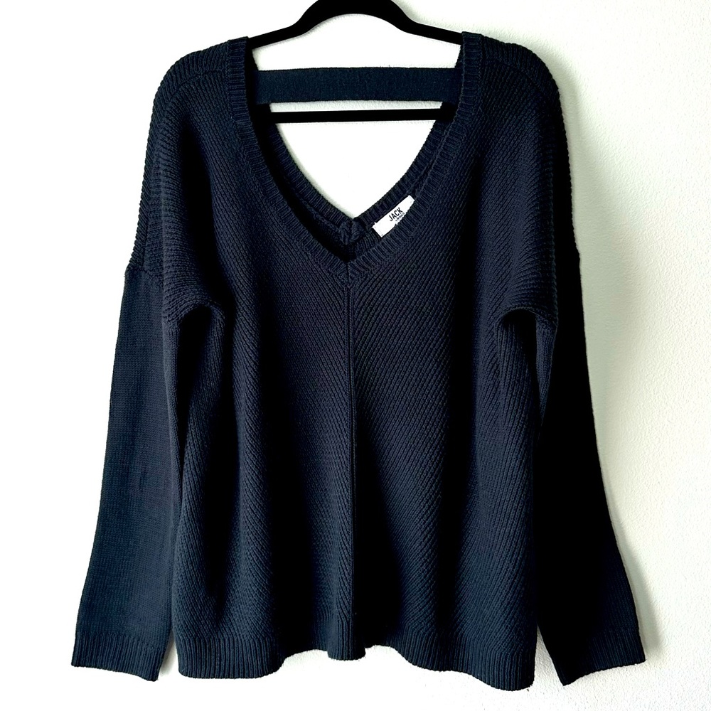 Jack by BB Dakota V-Neck Sweater | Dark Blue Grey | Medium | Oversized Sweater